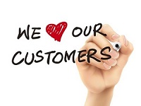 33086673 - we love our customers words written by 3d hand over white background