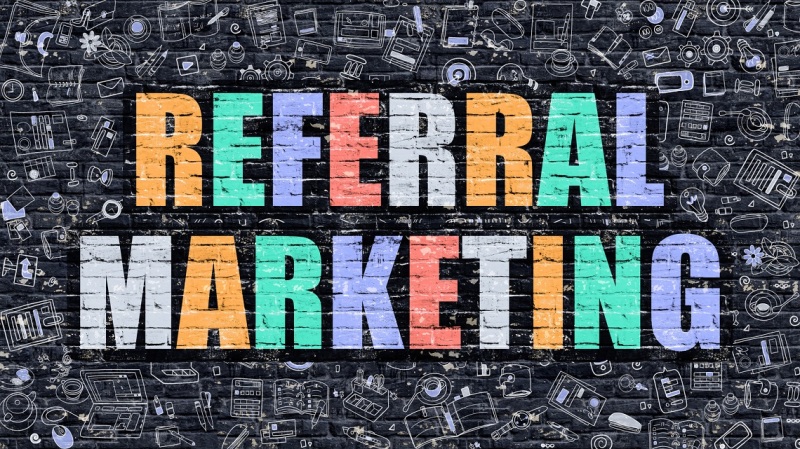 Referral Marketing Concept. Multicolor on Dark Brickwall.